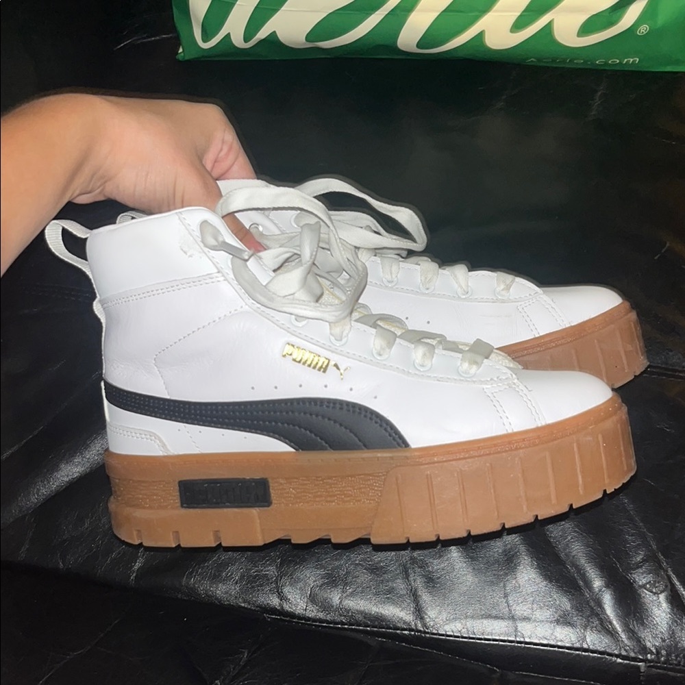 Puma White and Black High-Tops with Brown Sole